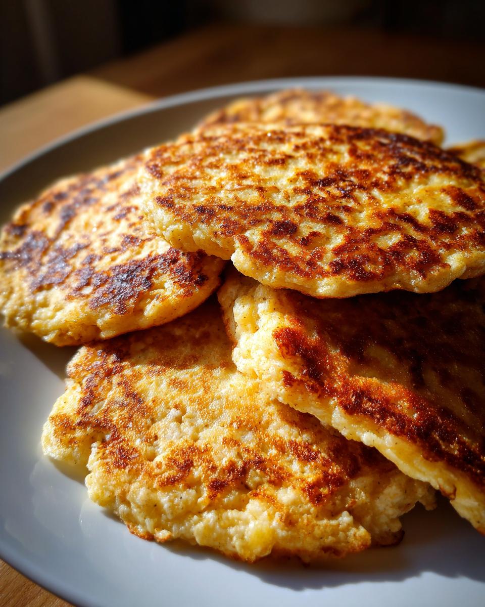 A stack of golden brown Power Quark-Taler mit Haferflocken on a white plate, ready to eat.