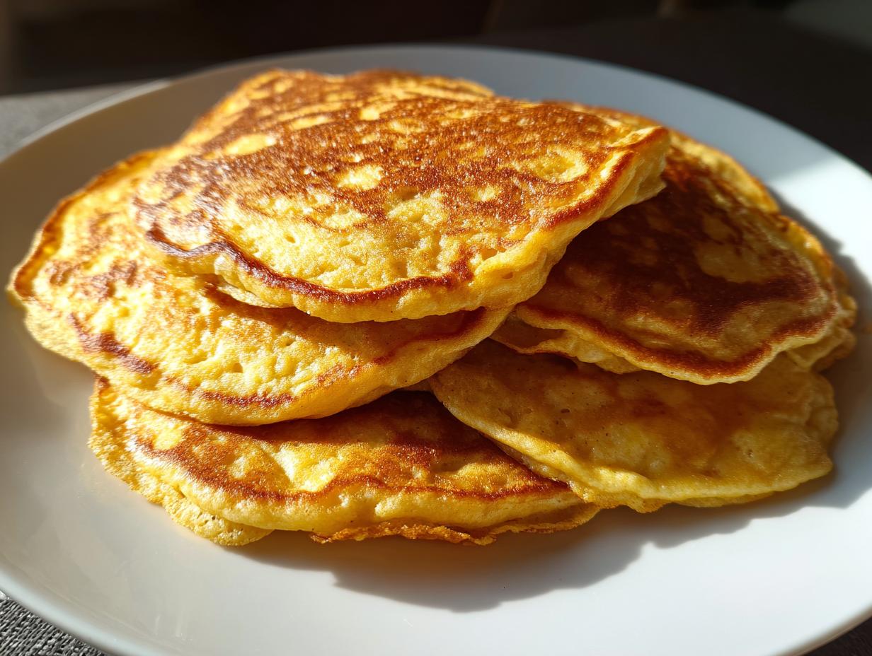 Stack of golden Power Quark-Taler mit Haferflocken (quark pancakes with oats) on a white plate.