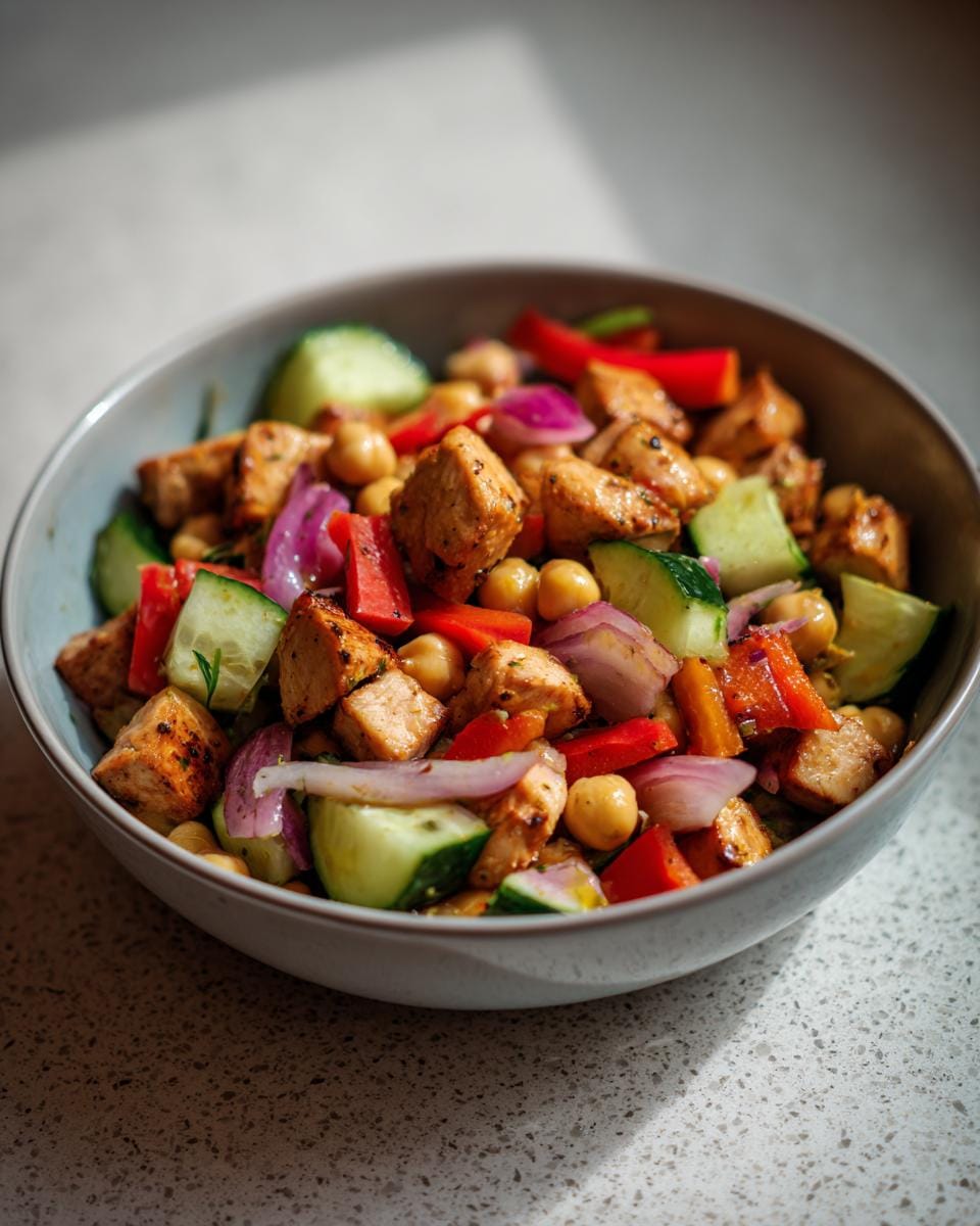 Bowl of Der Salat ist eine PROTEIN-Bombe, prepared in 15 minutes, featuring chicken, chickpeas, cucumber, and red onion.