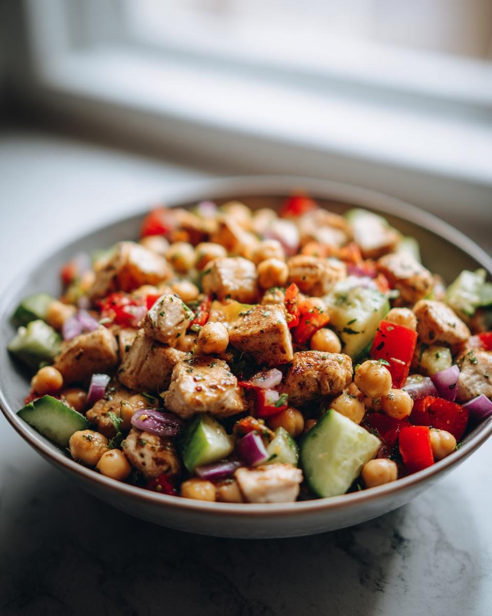 A colorful PROTEIN-Bombe Salat with chickpeas, chicken, cucumber, and red onion in a bowl.