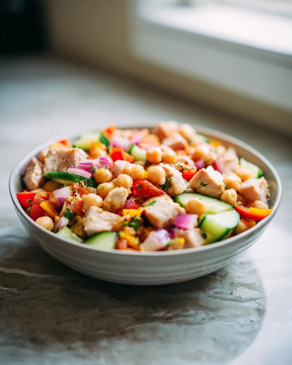 Bowl of colorful PROTEIN-Bombe Salat with chicken, chickpeas, cucumber, and red onion.