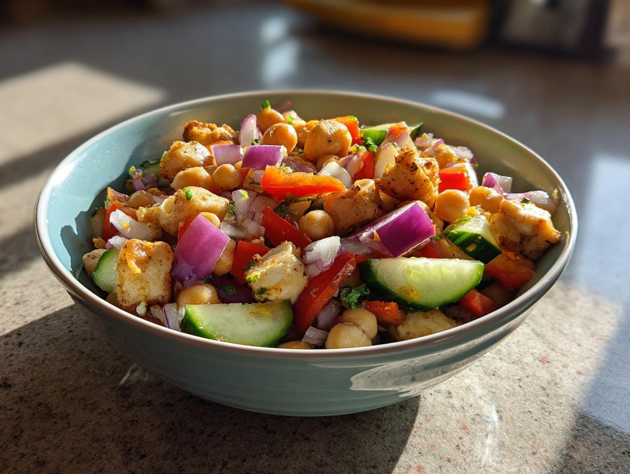 Schüssel mit Protein-Bombe Salat, zubereitet in nur 15 Minuten, mit Kichererbsen, Hähnchen, Gemüse.