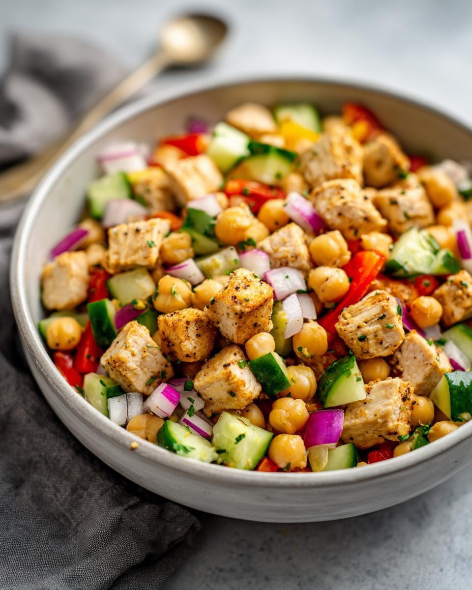 Nahaufnahme eines Protein-Bombe Salats mit gewürfelten Hähnchen, Kichererbsen, Gurken und roter Zwiebel.