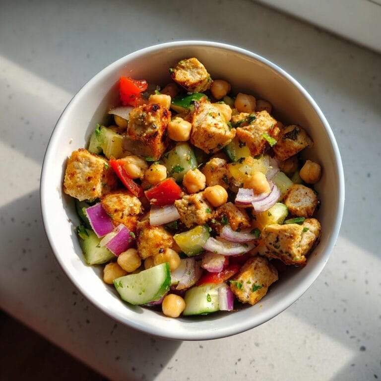 Nahaufnahme eines Protein-Bombe Salats mit Tofu, Kichererbsen, Gurke und Tomaten in einer Schüssel.