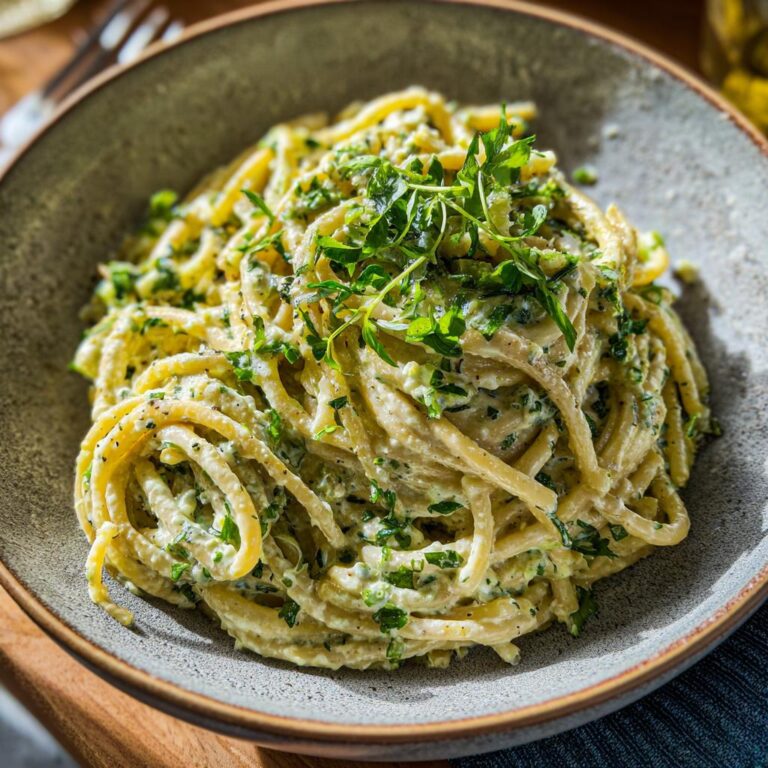 A bowl of delicious Protein Nudeln mit Hüttenkäse, garnished with fresh herbs.