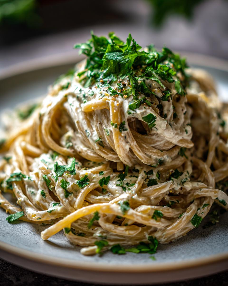 Close-up of Protein Nudeln mit Hüttenkäse (protein noodles with cottage cheese) garnished with fresh parsley.