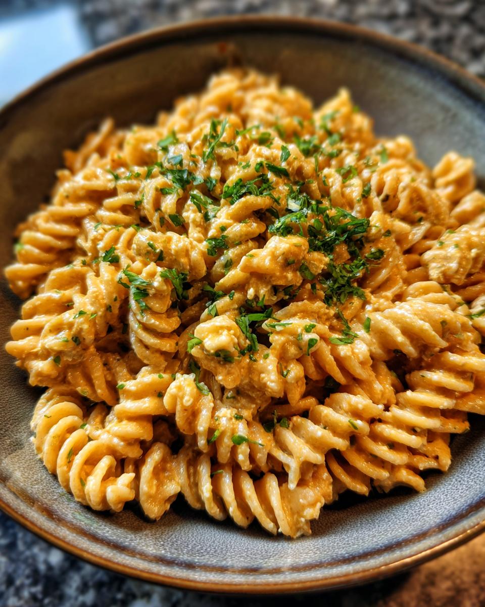 Close-up of Protein Nudeln mit Hüttenkäse (protein noodles with cottage cheese) in a bowl, garnished with herbs.