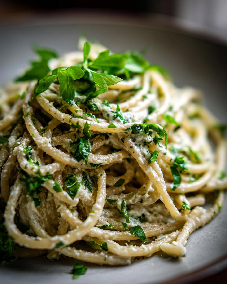 Close-up of Protein Nudeln mit Hüttenkäse, garnished with fresh herbs on a gray plate.