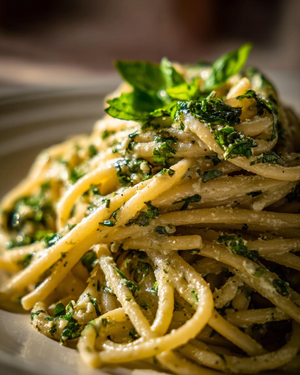 Close-up of Protein Nudeln mit Hüttenkäse, showing noodles, cottage cheese sauce, and fresh herbs.