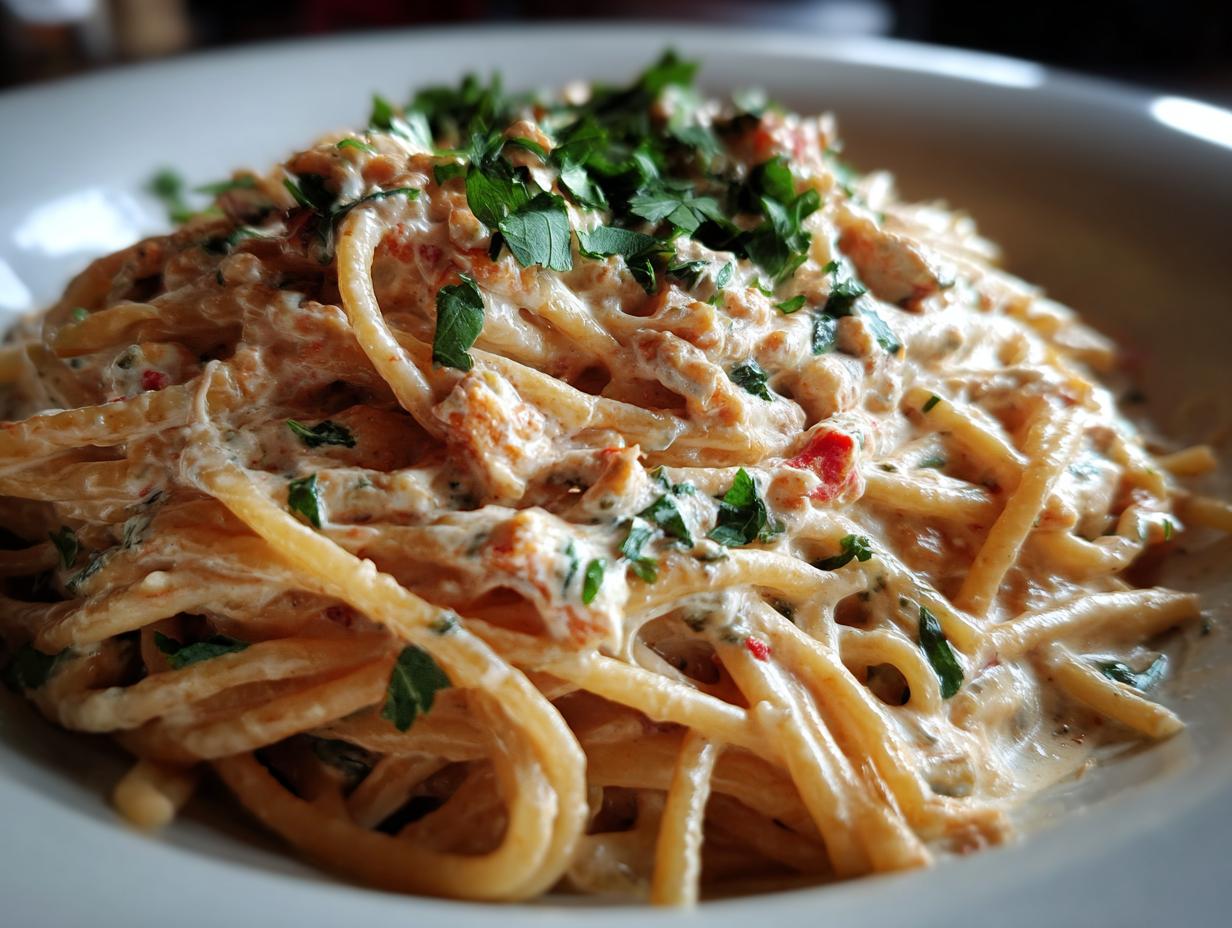 Close-up of Protein Nudeln mit Hüttenkäse, showing creamy sauce, noodles, and parsley garnish.