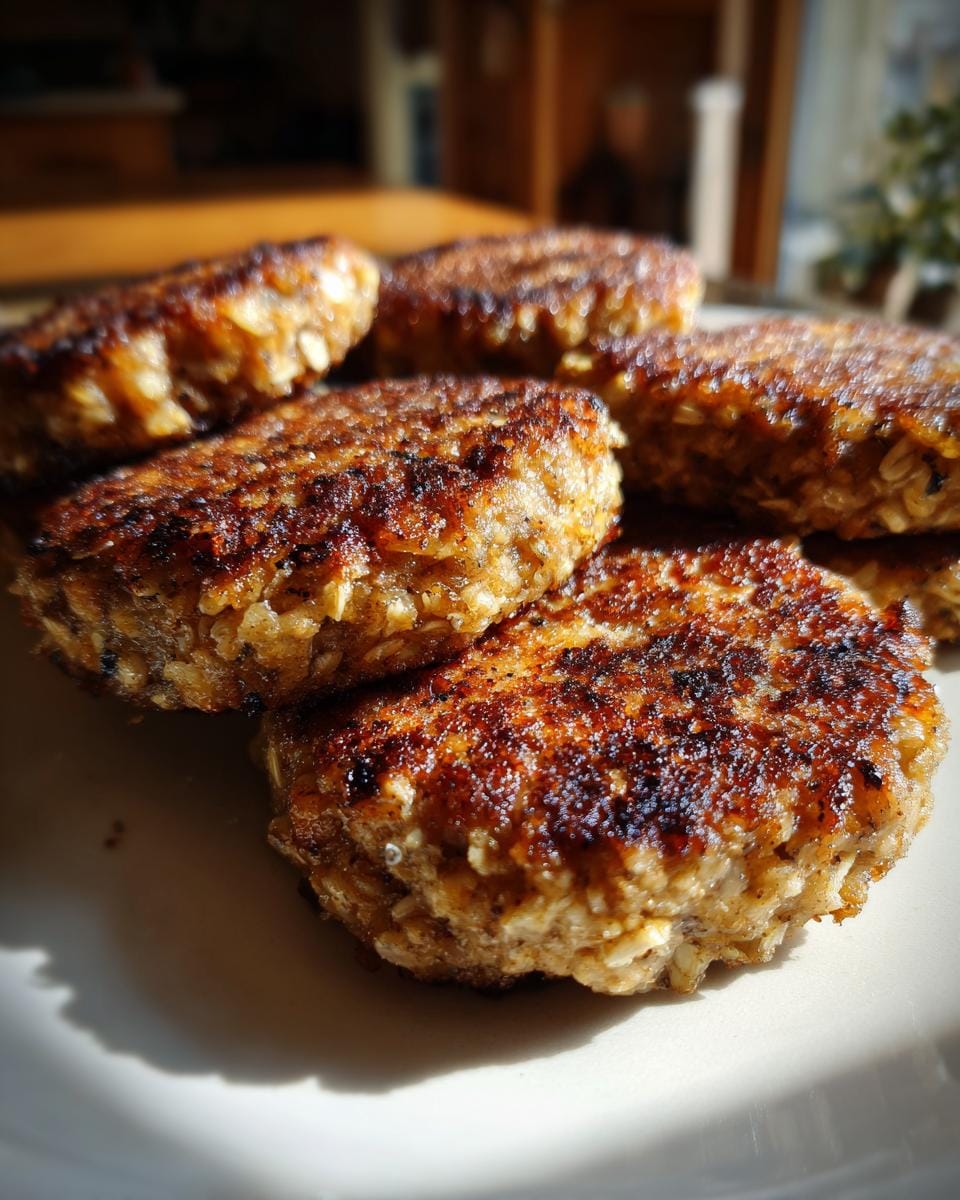 Close-up of golden-brown Quark-Taler mit Haferflocken (quark patties with oats) on a plate.