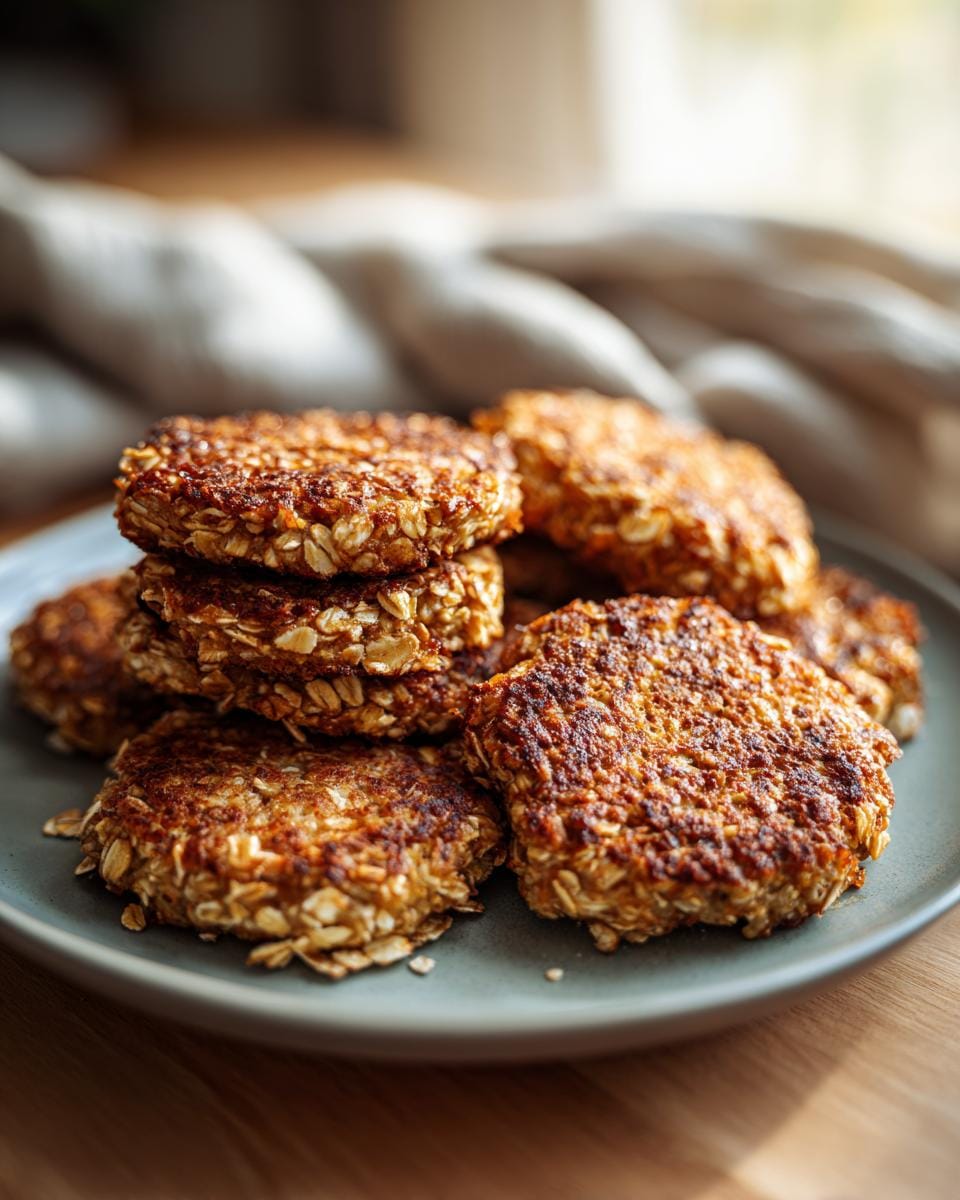 A stack of golden Quark-Taler mit Haferflocken (quark and oat patties) on a plate.