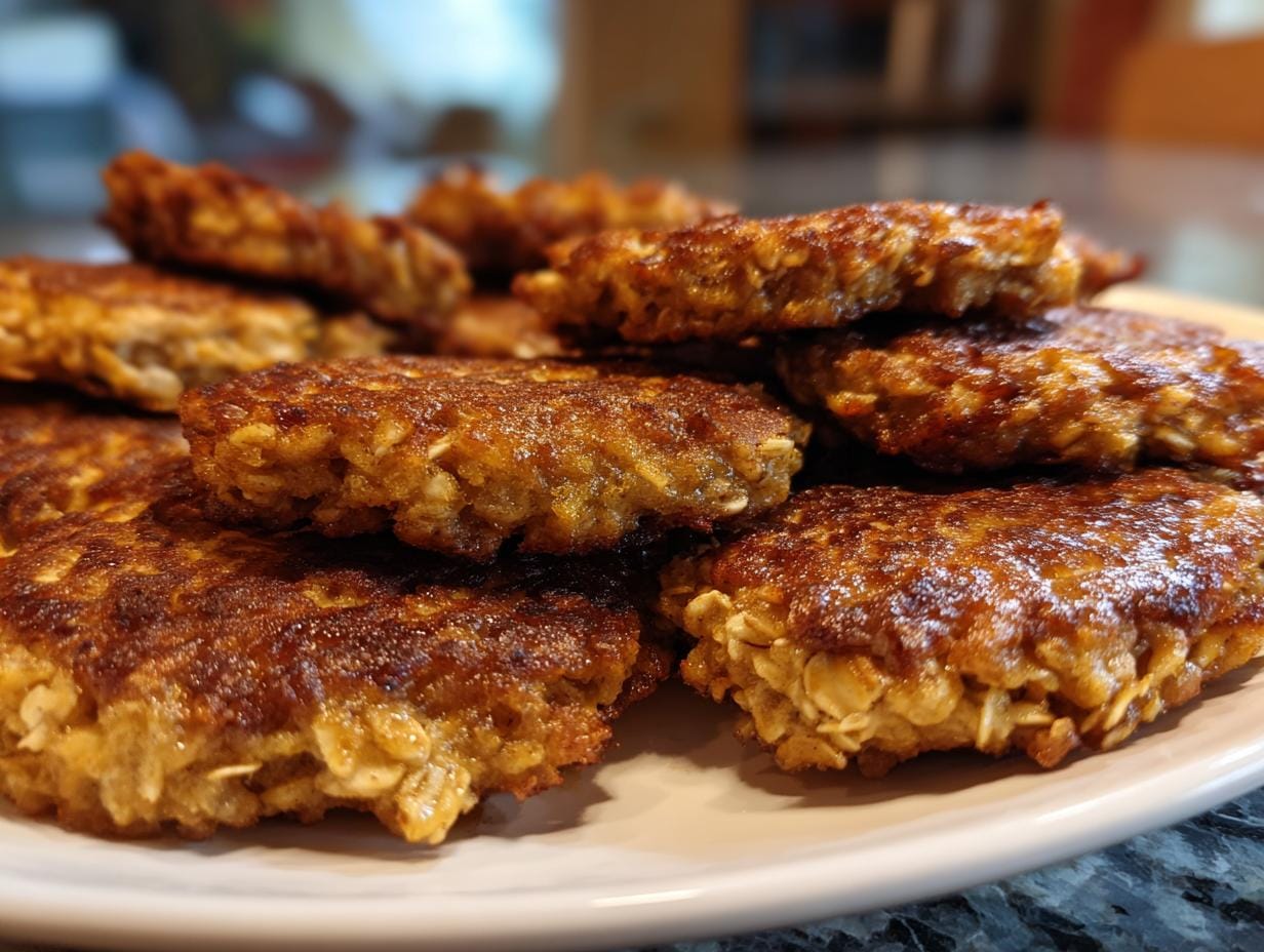 Close-up of golden-brown Quark-Taler mit Haferflocken (quark patties with oats) stacked on a white plate.