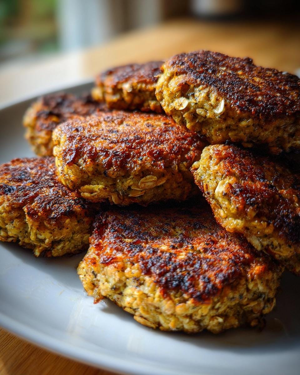 A stack of freshly cooked Quark-Taler mit Haferflocken (quark patties with oatmeal) on a white plate.