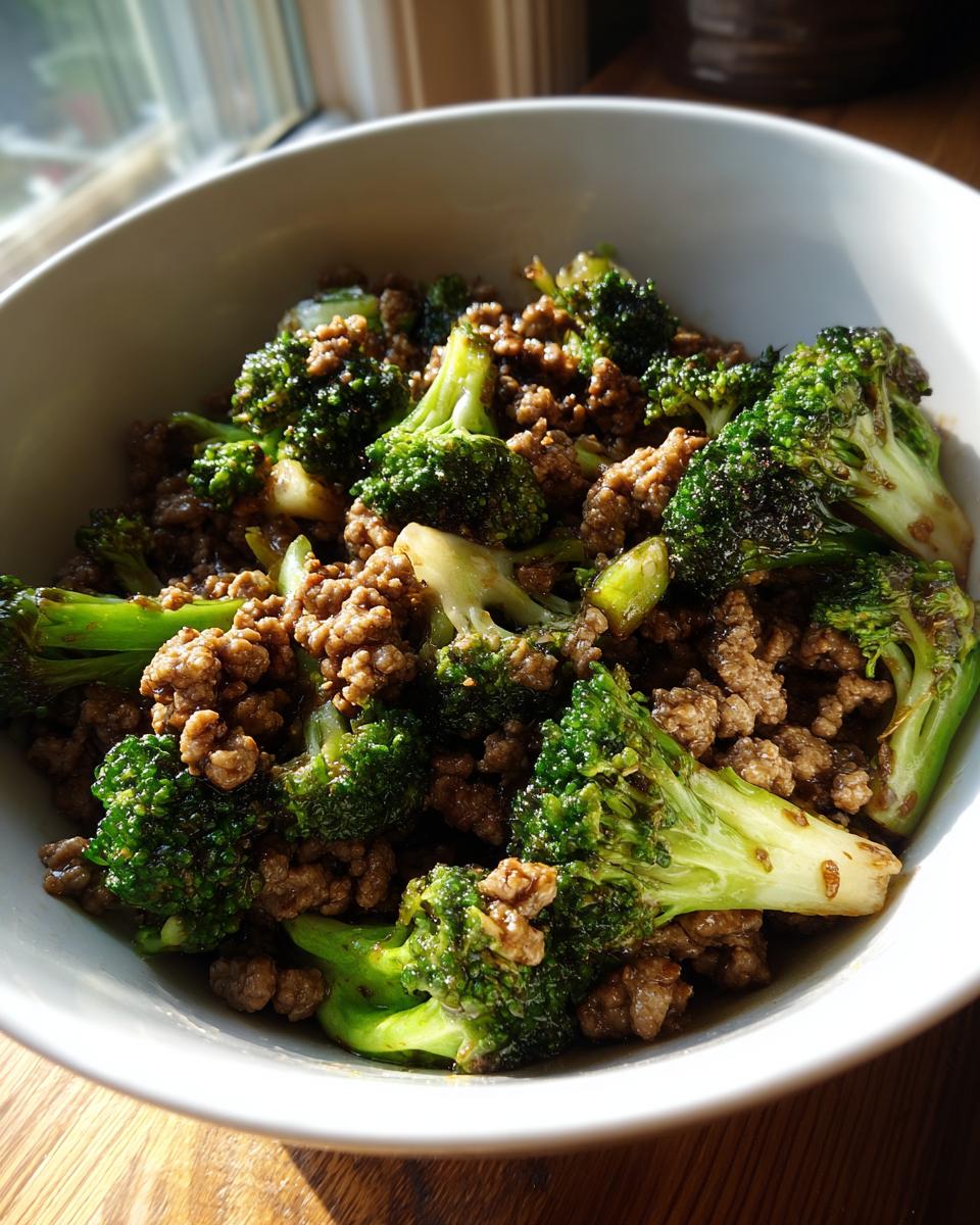 Bowl of Rindfleisch mit Brokkoli, a quick German beef and broccoli dish, ready to eat.
