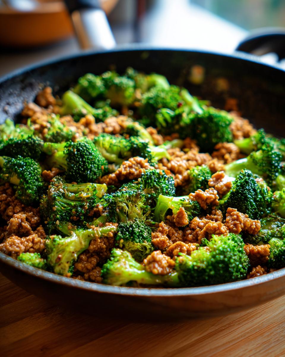 Close-up of Rindfleisch mit Brokkoli (beef with broccoli) cooking in a skillet.