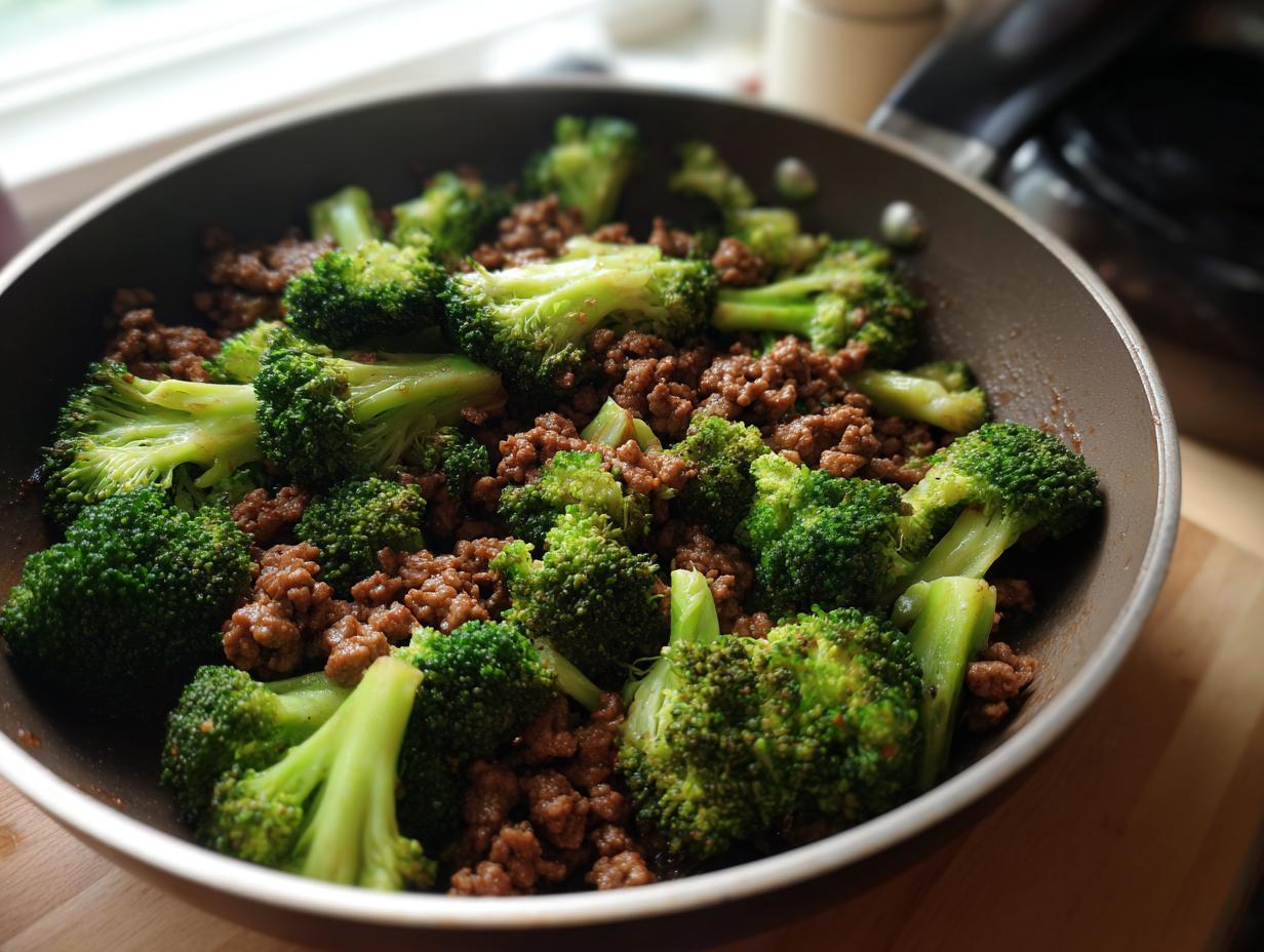 Rindfleisch mit Brokkoli in einer Pfanne, fertig zum Servieren. Ein schnelles und einfaches Gericht.