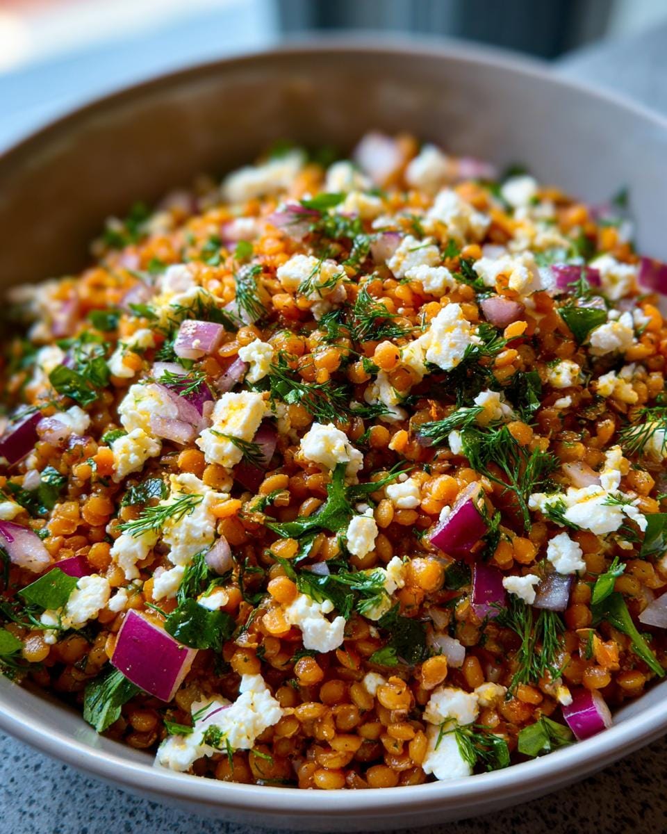 Close-up of Rote Linsen Salat mit Feta in a bowl, featuring red lentils, feta cheese, red onion, and herbs.