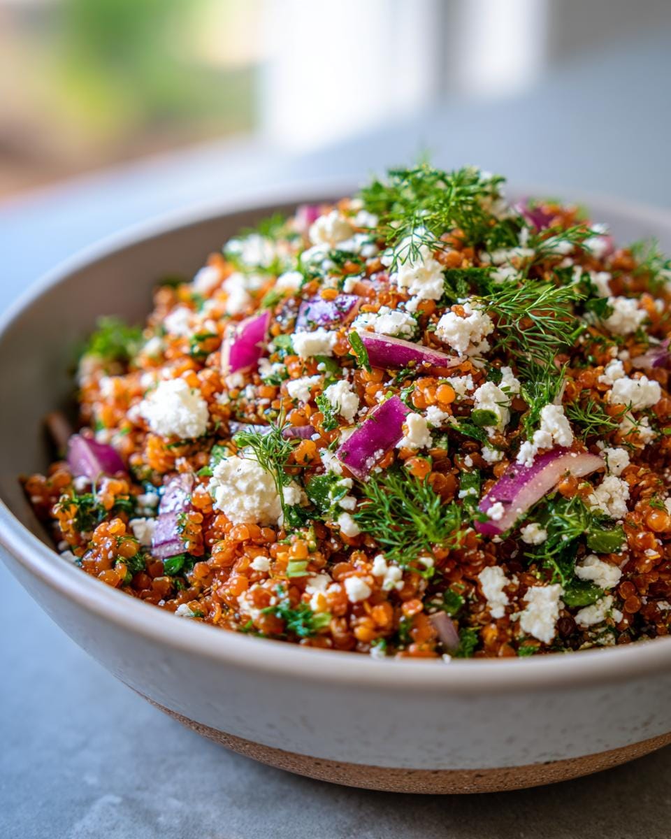 Close-up of Rote Linsen Salat mit Feta in a bowl, featuring red lentils, feta cheese, red onion, and dill.