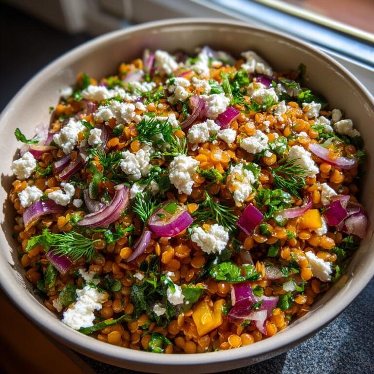 Bowl of Rote Linsen Salat mit Feta, featuring red lentils, feta cheese, red onion, and fresh herbs.