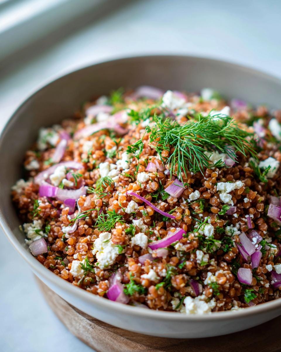 Close-up of Rote Linsen Salat mit Feta in a bowl, garnished with dill and red onion.