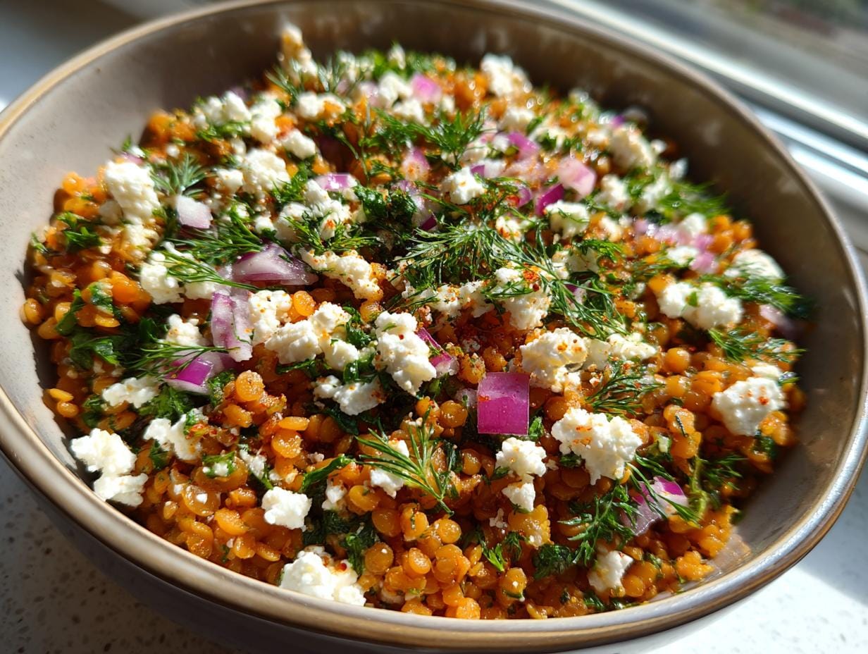 Bowl of Rote Linsen Salat mit Feta, topped with dill and red onion.