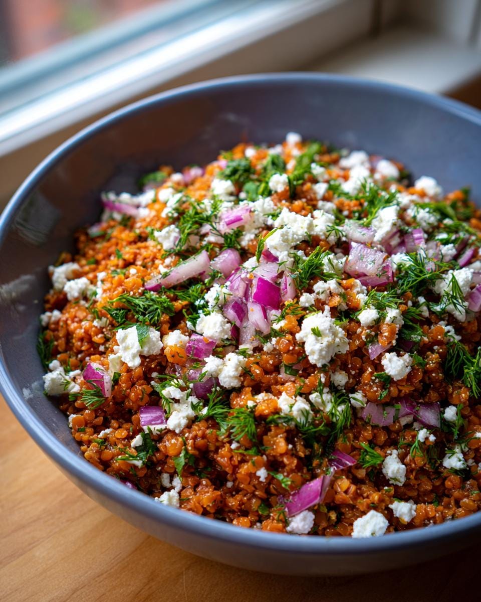 Nahaufnahme eines Rote Linsen Salat mit Feta, roten Zwiebeln und Dill in einer grauen Schüssel.