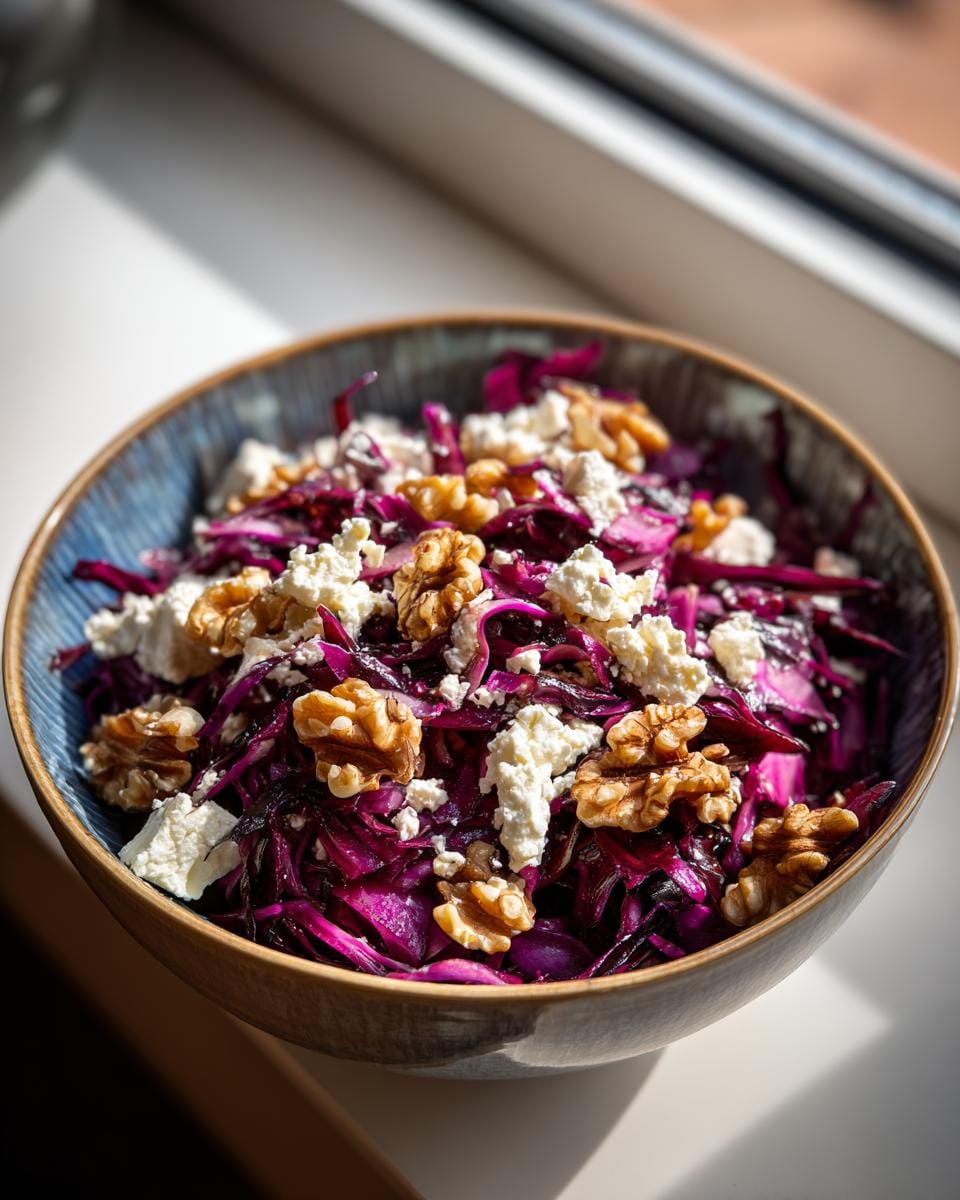 Close-up of Rotkohl Feta Salat in a bowl, topped with feta cheese and walnuts.