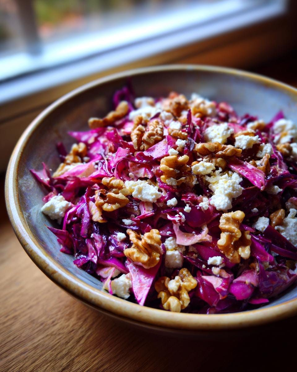 A vibrant bowl of Rotkohl Feta Salat with red cabbage, feta cheese, and walnuts.
