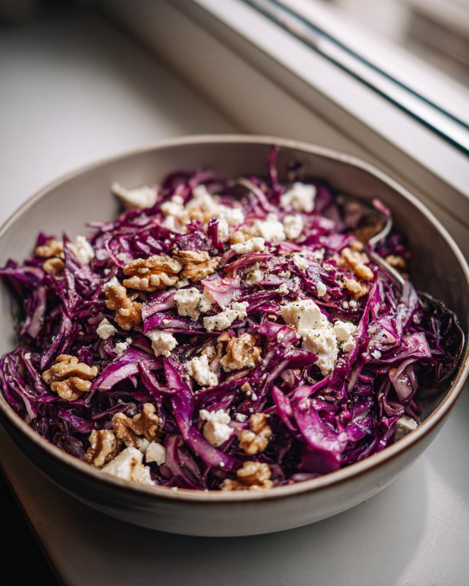 Bowl of Rotkohl Feta Salat with red cabbage, feta cheese, and walnuts.