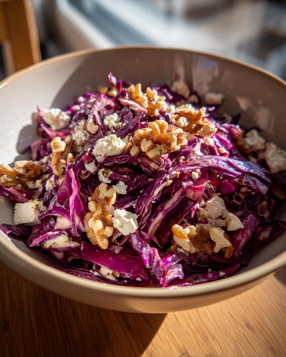 Close-up of Rotkohl Feta Salat in a bowl, topped with walnuts. Fresh and vibrant German salad.