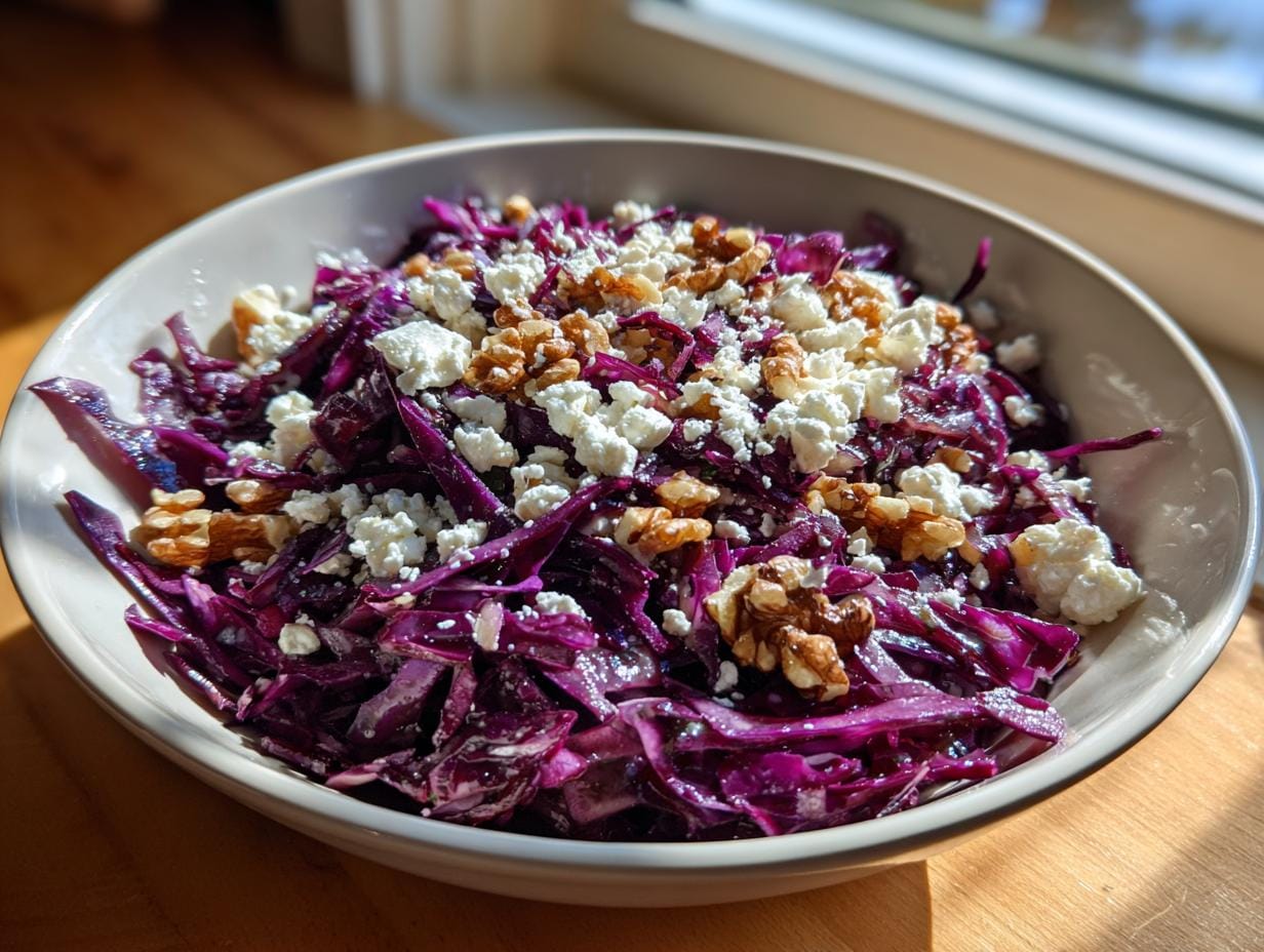 A bowl of vibrant Rotkohl Feta Salat topped with walnuts, ready to enjoy.