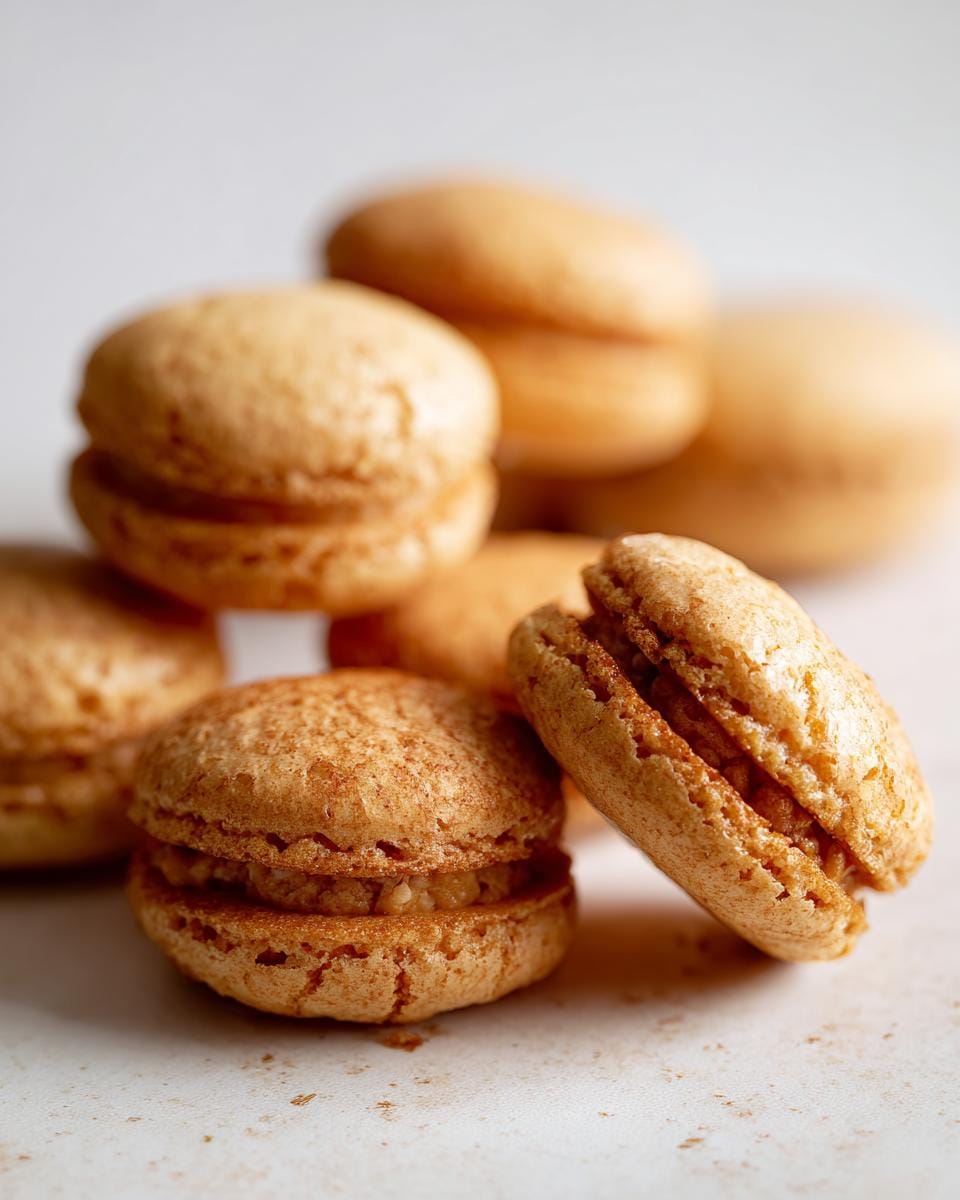 Close-up of Saftige Haselnuss Makronen, showing the texture and filling. Hazelnut macarons with a smooth, golden-brown shell.
