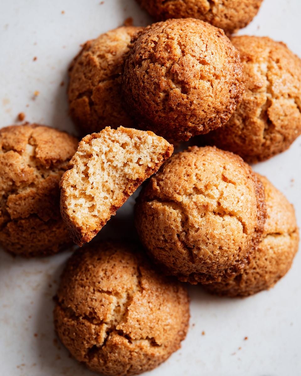 Close-up of Saftige Haselnuss Makronen, one broken in half to show the texture. Delicious German hazelnut cookies.
