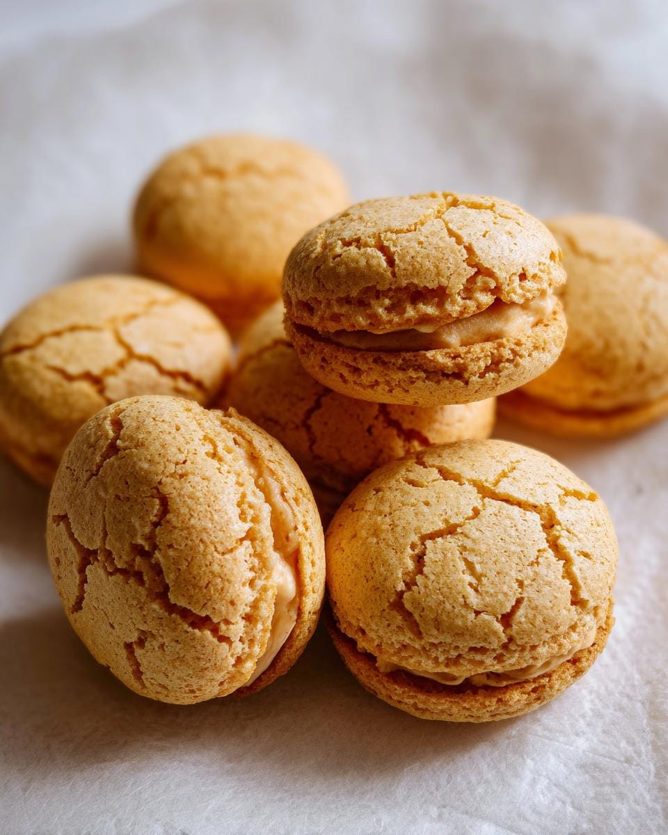 A stack of delicious Saftige Haselnuss Makronen, featuring a creamy filling and cracked tops.