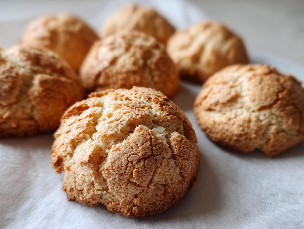 Close-up of Saftige Haselnuss Makronen, hazelnut cookies, golden brown and slightly cracked on a white surface.