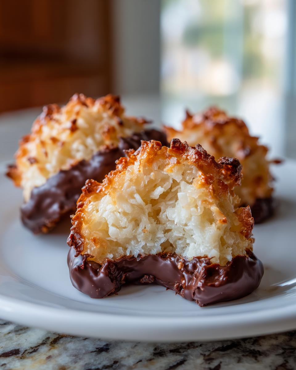 Close-up of Saftige Kokosmakronen dipped in chocolate, showing the coconut texture and golden-brown color.