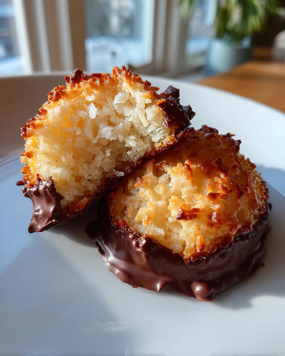 Nahaufnahme von saftige Kokosmakronen, die mit Schokolade überzogen sind, auf einem Teller.