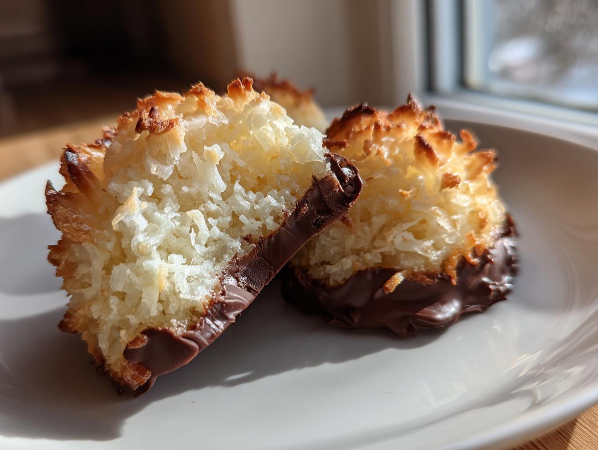 Nahaufnahme von saftigen Kokosmakronen, die in Schokolade getunkt sind, auf einem Teller.