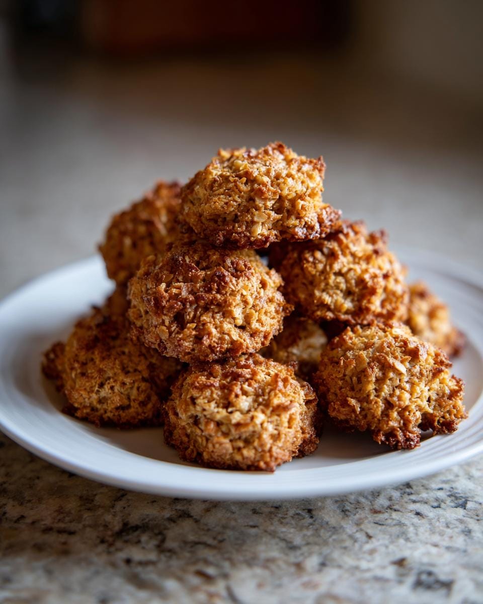 A stack of freshly baked Saftige Nussmakronen, showcasing their golden-brown color and texture.
