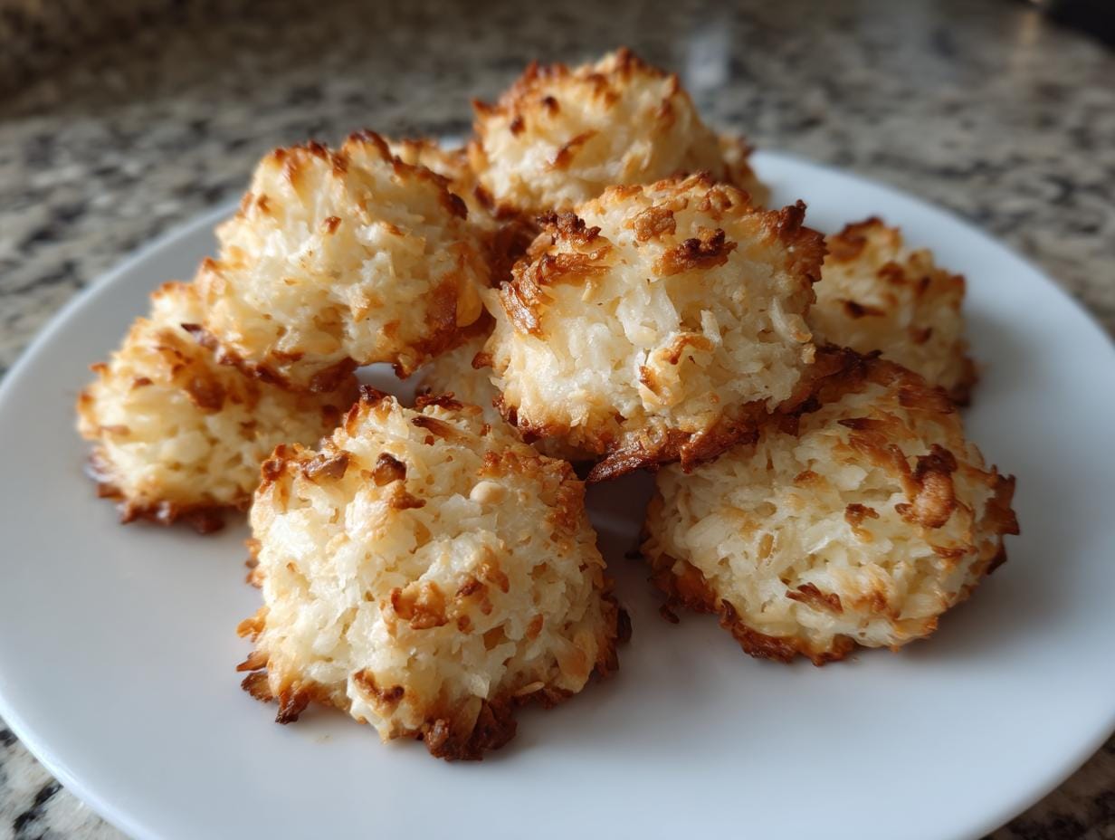 A plate of freshly baked Saftige Nussmakronen, showcasing their golden-brown edges and coconut texture.