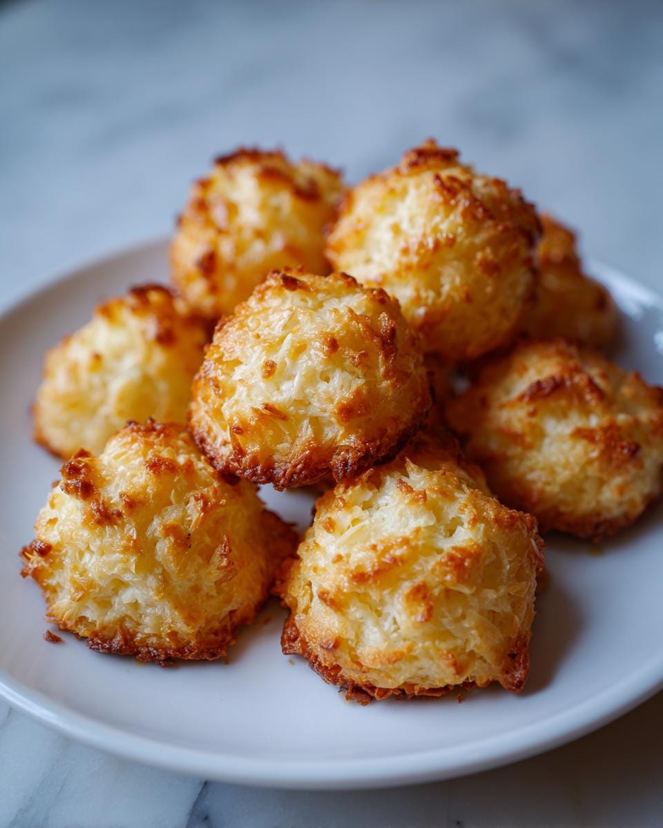 Close-up of a plate of Saftige Nussmakronen, showcasing their golden-brown color and coconut texture.