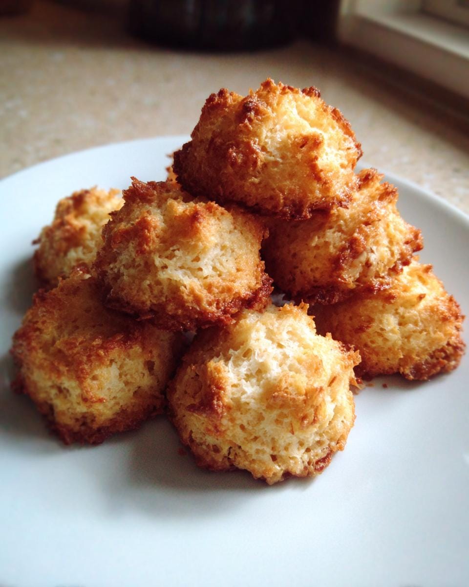 A stack of golden-brown Saftige Nussmakronen on a white plate, showcasing their textured surface.