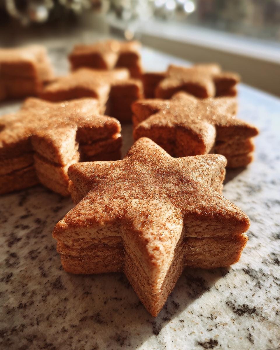 Close-up of Saftige Zimtsterne, German cinnamon star cookies, on a marble surface.