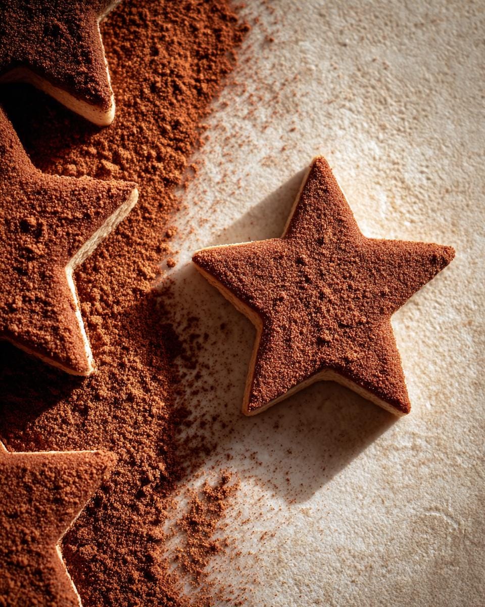 Close-up of Saftige Zimtsterne, cinnamon star cookies, dusted with cocoa powder on a textured surface.