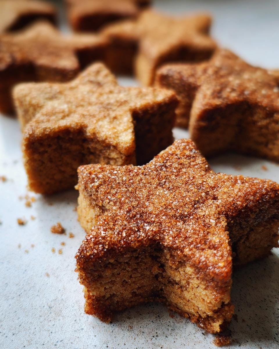 Close-up of Saftige Zimtsterne einfach und schnell backen, showcasing their star shape and cinnamon sugar coating.