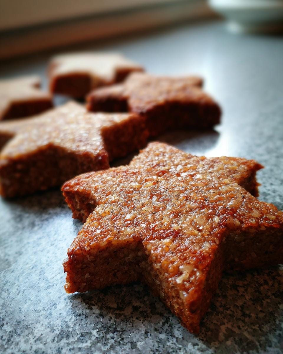 Close-up of Saftige Zimtsterne einfach und schnell backen on a gray surface, showing their texture and star shape.