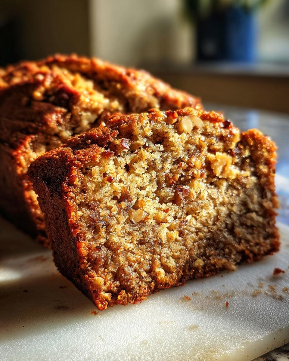 Close-up of a slice of Saftiger Nusskuchen ohne Mehl, showing the moist texture and nut pieces.
