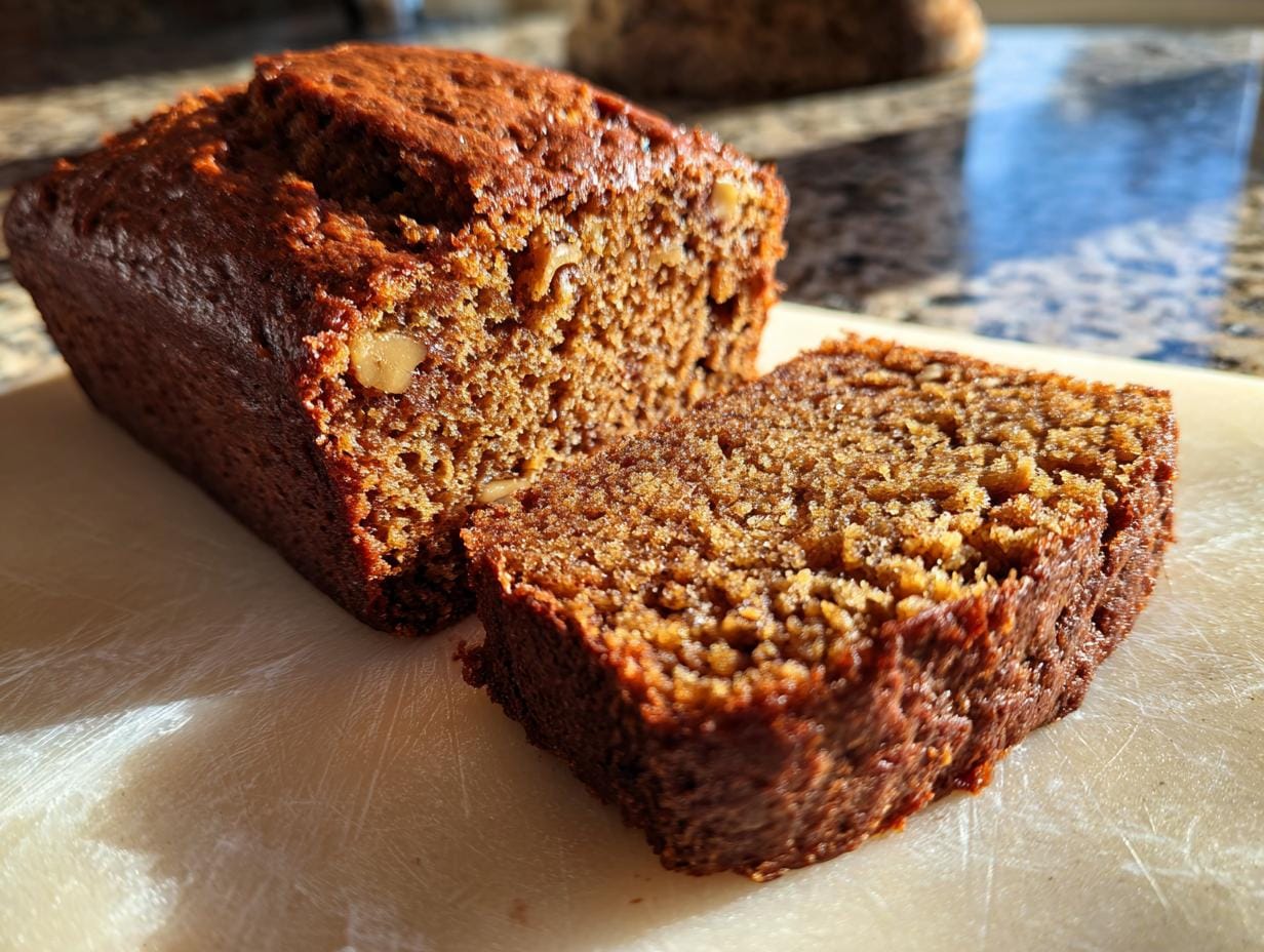 A slice of Saftiger Nusskuchen ohne Mehl, a moist German nut cake without flour, on a cutting board.