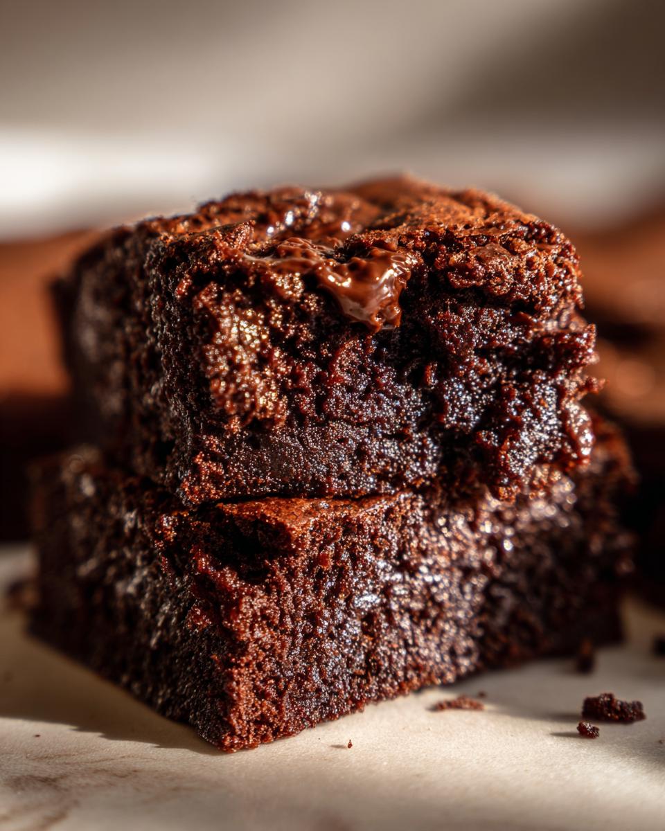 Zwei Stücke vom besten Schokokuchen Rezept, gestapelt, Nahaufnahme der saftigen Textur und Schokoladenstückchen.